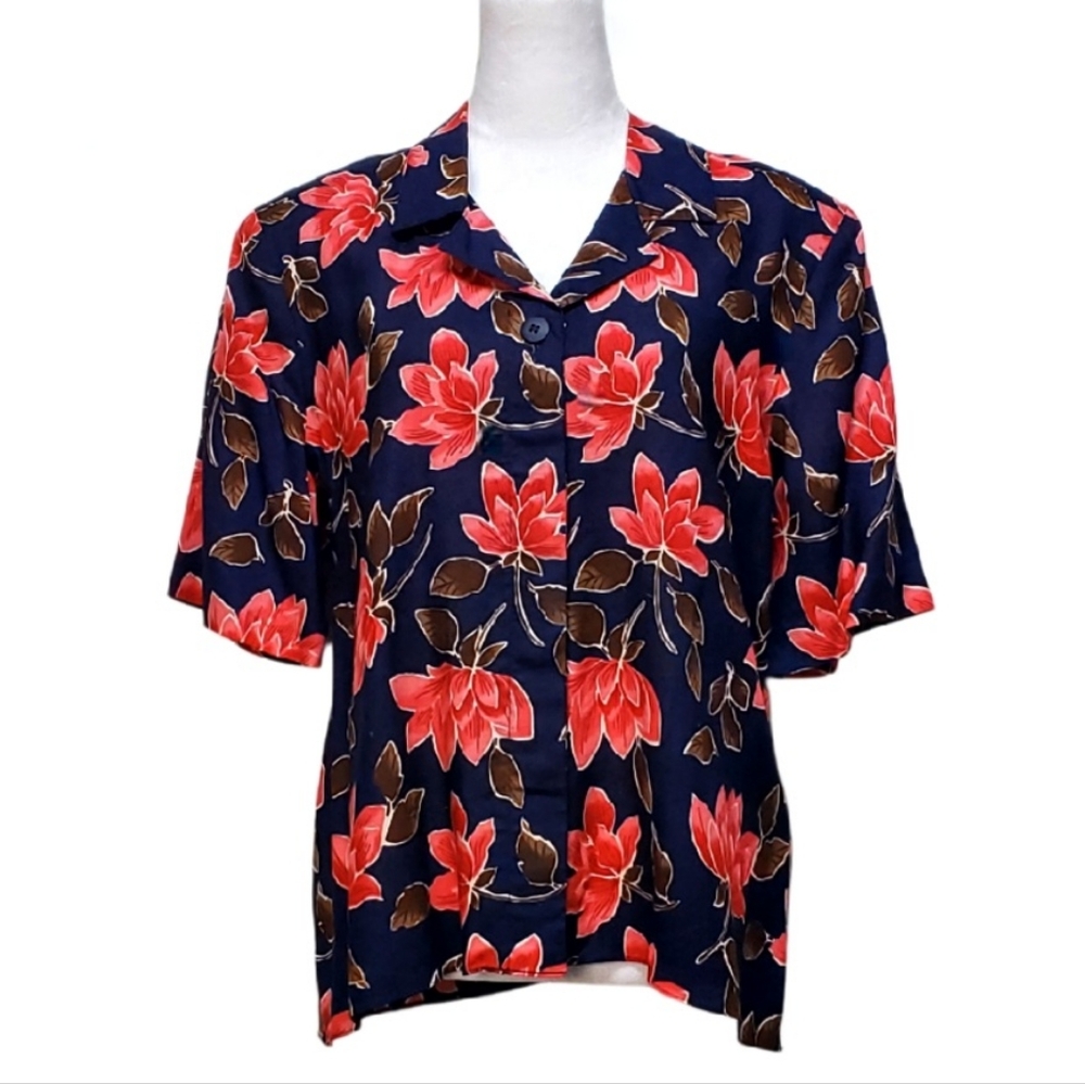Prophecy Vintage Floral Short Sleeve Button-Down Navy Blue Pink Flowers Size 16